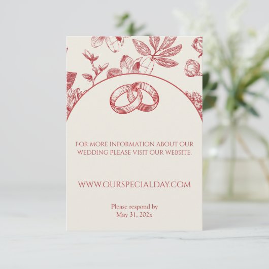 Rijke Rode Franse Bloemenkoeken Toile Floral Informatiekaartje (Staand voorkant)