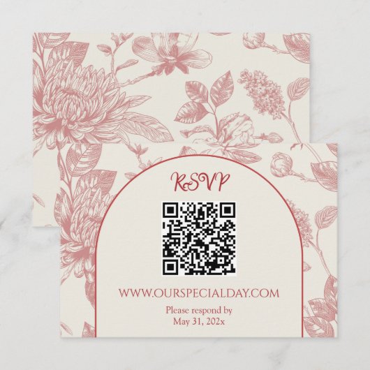 Rijke Rode Franse Bloemenkoeken Toile Floral RSVP Kaartje (Voorkant / Achterkant)