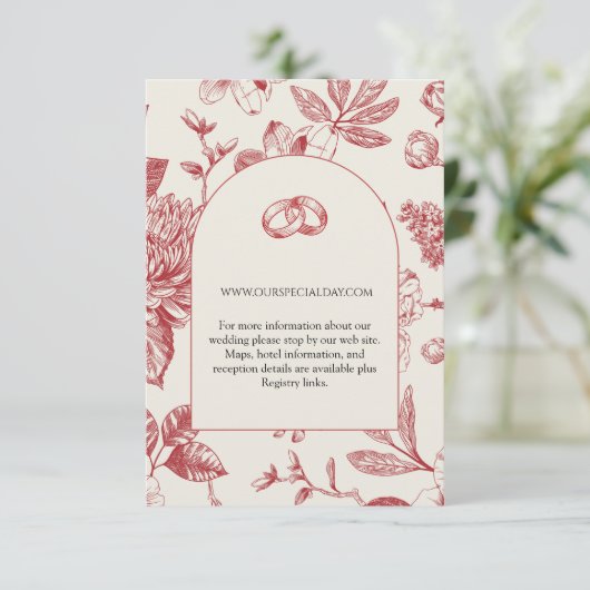Rijke Rode Franse Floral Toile Floral Enclosure Ka RSVP Kaartje (Staand voorkant)