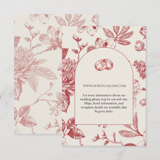 Rijke Rode Franse Floral Toile Floral Enclosure Ka RSVP Kaartje (Voorkant / Achterkant)