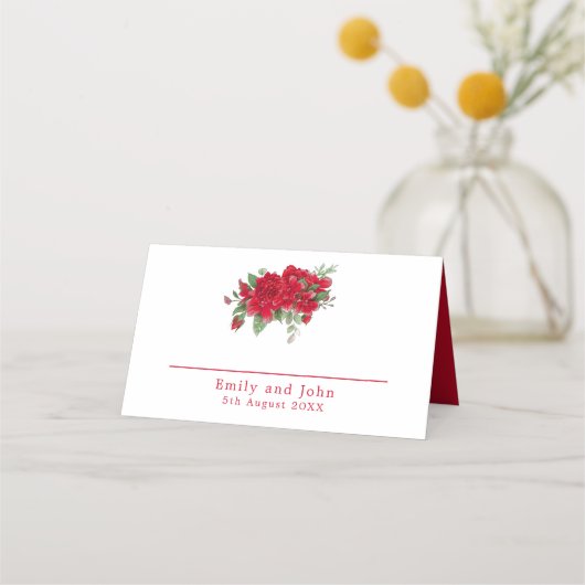 Rijke Rode Rozen Bloemen Namen Datum Bruiloft Plaatskaartje (Voorkant)