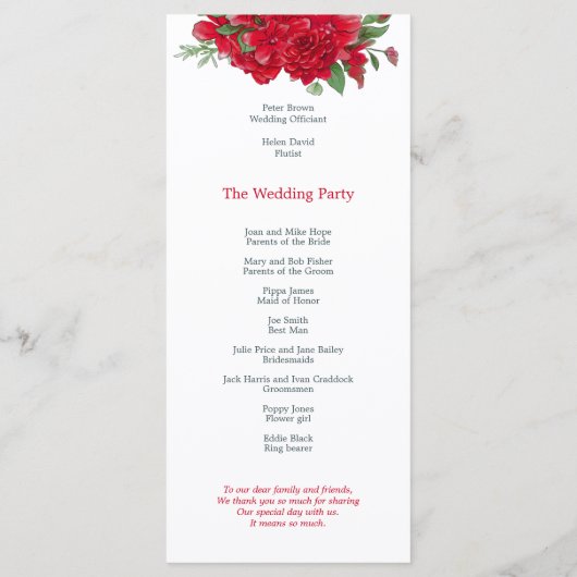 Rijke rode rozen bloemenstijlvol script bruiloft programmakaart (Achterkant)