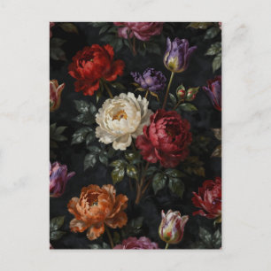 Rijke, sombere pioenroos tulpen bloemstuk briefkaart