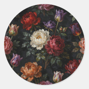 Rijke, sombere pioenroos tulpen bloemstuk ronde sticker