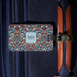 Rijke tinten van rood en blauw damast patroon bagagelabel