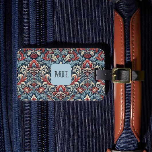 Rijke tinten van rood en blauw damast patroon bagagelabel (Voorkant Insitu 4)