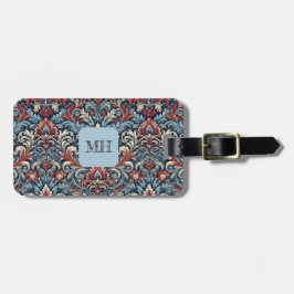 Rijke tinten van rood en blauw damast patroon bagagelabel