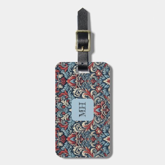 Rijke tinten van rood en blauw damast patroon bagagelabel (Voorkant verticaal)