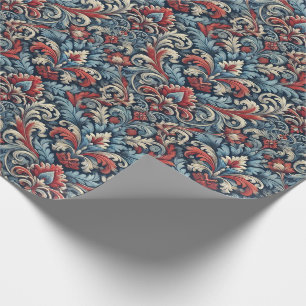 Rijke tinten van rood en blauw damast patroon cadeaupapier