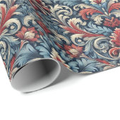 Rijke tinten van rood en blauw damast patroon cadeaupapier (Rol Hoek)