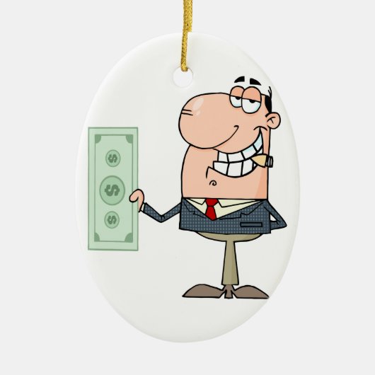 rijke zakenman cartoon met geld keramisch ornament (Voorkant)