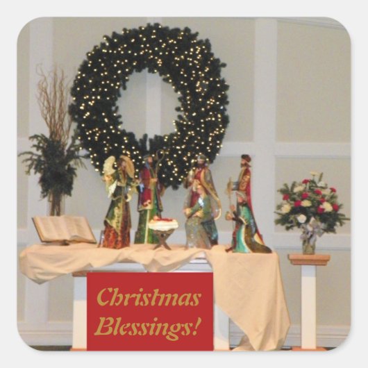 Rijkelijk gekleurd kerststal display ontwerp vierkante sticker (Voorkant)