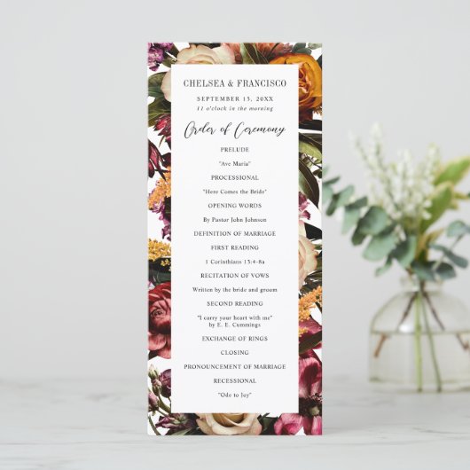 Rijkheid van het Lentkleurige Floral Wedding Programmakaart (Staand voorkant)