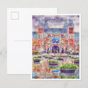 Rijksmuseum Amsterdam vintage travel waterverf Briefkaart