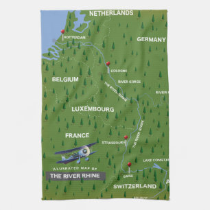 Rijn retro reis kaart. Keukenhanddoek