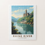Rijn River Duitsland Sectie Reizen Kunst Vintage Legpuzzel<br><div class="desc">De Rijn in een vectorkunststijl met het gedeelte in Duitsland. De Rijn is een van de belangrijkste Europese rivieren. De rivier begint in het Zwitserse kanton Graubünden in het zuidoosten van de Alpen.</div>