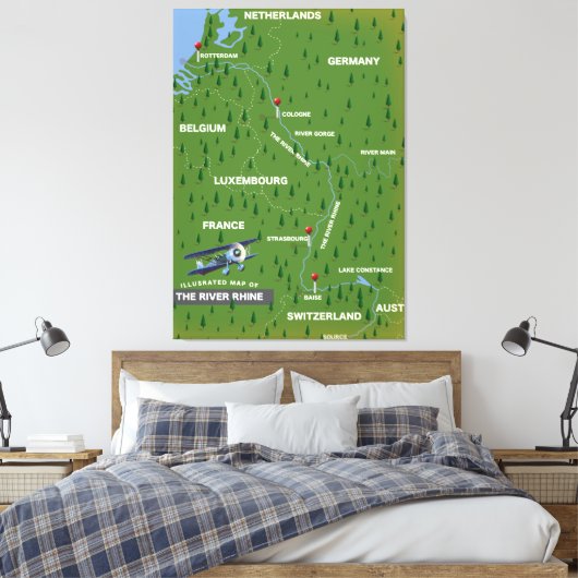 Rijnretro-reiskaart. Canvas afdrukken (Insitu (Slaapkamer))