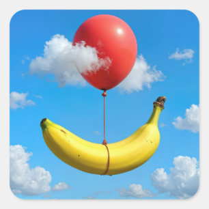Rijpe banaan zwevend in de lucht met rode ballon vierkante sticker