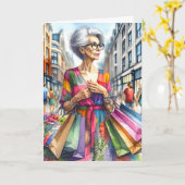 Rijpe Vrouw met het Winkelen Zakken Verjaardag Kaart (Gele Bloem)