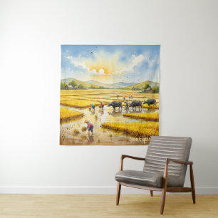 Rijst Oogst Dorps Muurkunst Wandkleed