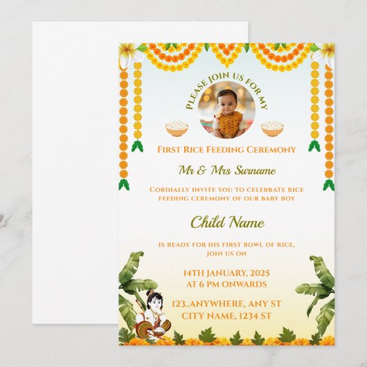 Rijstvoedingsuitnodiging, Annaprashan Kaart (Voorkant / Achterkant)