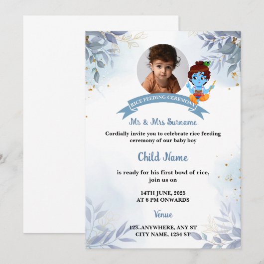 Rijstvoedingsuitnodiging, Annaprashan Kaart (Voorkant / Achterkant)