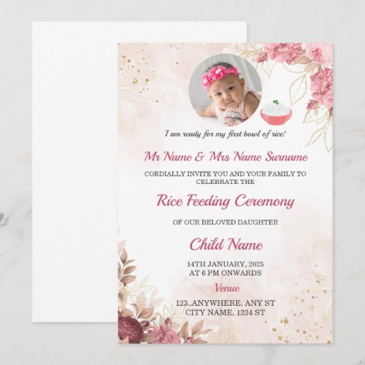 Rijstvoedingsuitnodiging, Annaprashan Kaart (Voorkant / Achterkant)