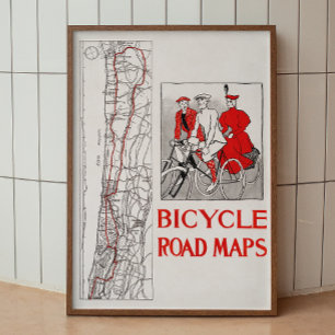 Rijwielkaarten. Rode  retro oud antiek Poster
