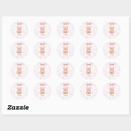 Riley | Aangepaste Roze Teddybeer Nursery Design Ronde Sticker (Vel)