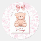 Riley | Aangepaste Roze Teddybeer Nursery Design Ronde Sticker (Voorkant)