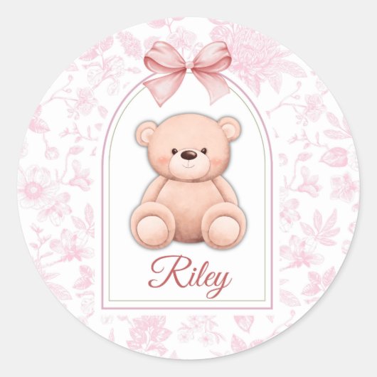 Riley | Aangepaste Roze Teddybeer Nursery Design Ronde Sticker (Voorkant)