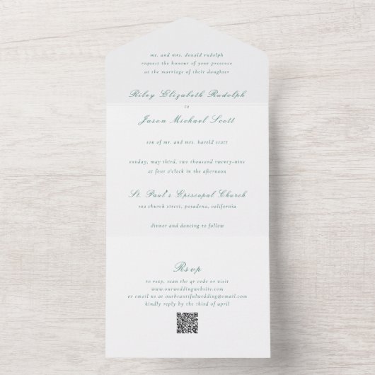 Riley Emerald Green Elegant Wedding All In One Uitnodiging (Binnen)