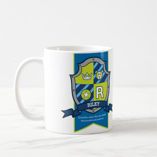 Riley letter R crest blue name betekent: Koffiemok (Links)