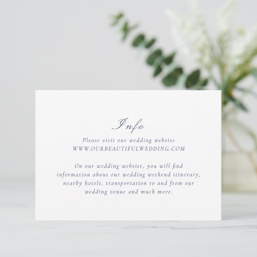 Riley Navy Blue Elegant Wedding Informatiekaartje (Staand voorkant)