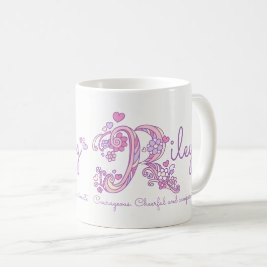 Rilnaam betekent hartbloem R monogram mok (Voorkant rechts)