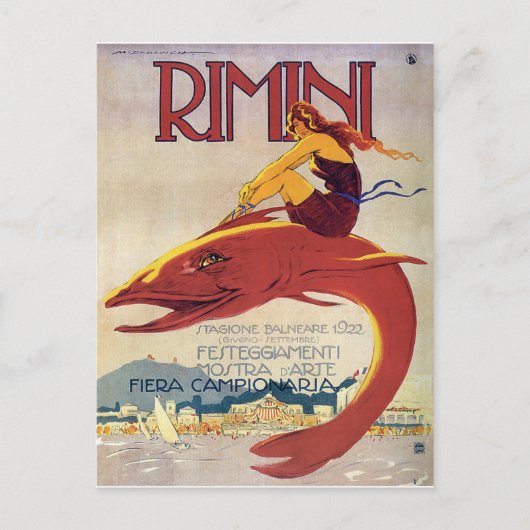 Rimini kust, Italië, meisje op grote vis Briefkaart (Voorkant)