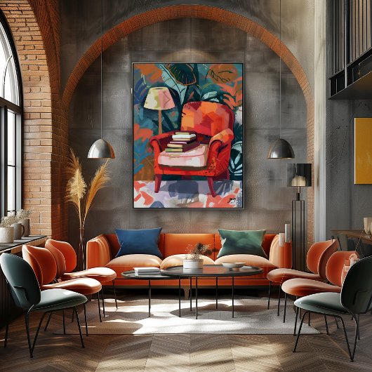 Rincón de Lectura: Arte Favista con Sillón Rojo. Canvas Afdruk