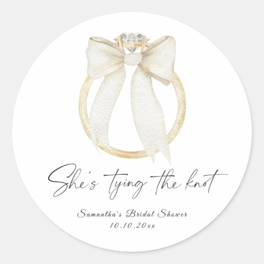 Ring Bow She's tying the knot Bridal Shower Ronde Sticker (Voorkant)