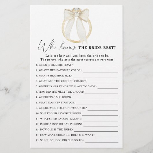 Ring & Bow Vrijgezellenfeest Wie kent de bruid het (Voorkant)