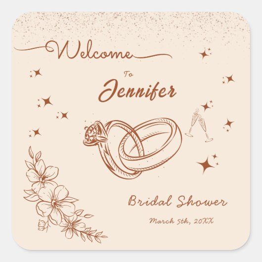 Ring en bloemige handgetekende bruidsdouche vierkante sticker (Voorkant)