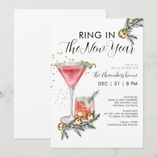 Ring in het nieuwe jaar cocktail party kaart (Voorkant / Achterkant)