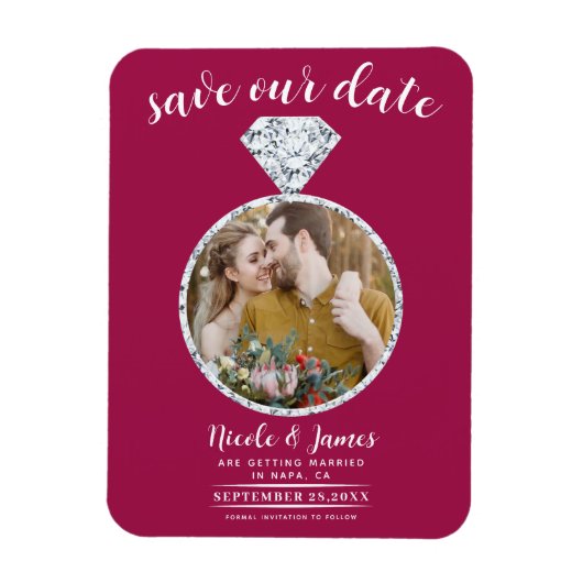 Ring met frambozenroze diamant Bling Save the Date Magneet (Verticaal)