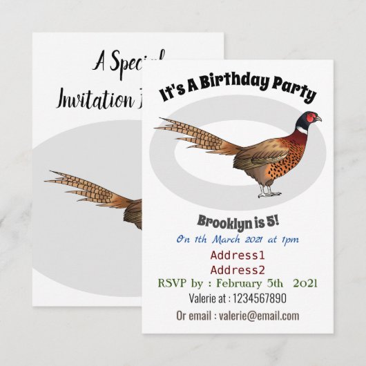 Ring-necked fazant bird cartoon kaart (Voorkant / Achterkant)