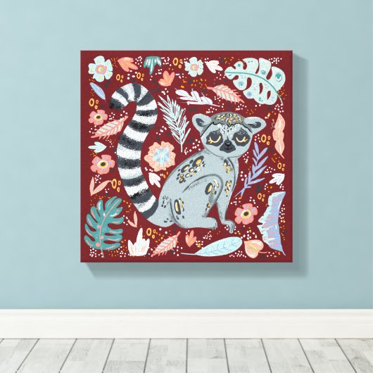 Ring Tailed Lemur Cute Floral Canvas Afdruk (Insitu (Houten vloer))