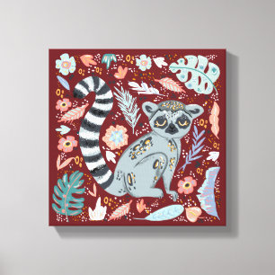 Ring Tailed Lemur Cute Floral Canvas Afdruk