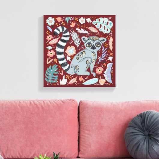 Ring Tailed Lemur Cute Floral Canvas Afdruk (Insitu (Woonkamer))