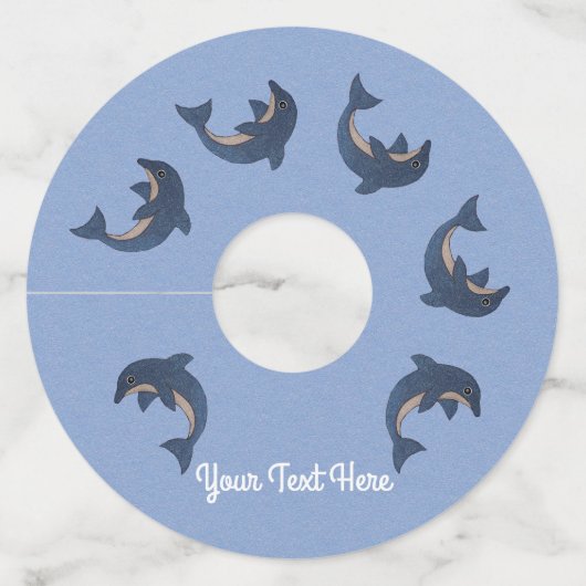Ring van snoepjes als blauwe witte dolfijnen wijnglaslabel (Voorkant)