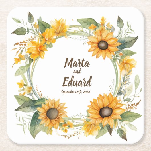 Ring van Zonnebloemen: Gepersonaliseerde bruiloft  Kartonnen Onderzetters (Voorkant)