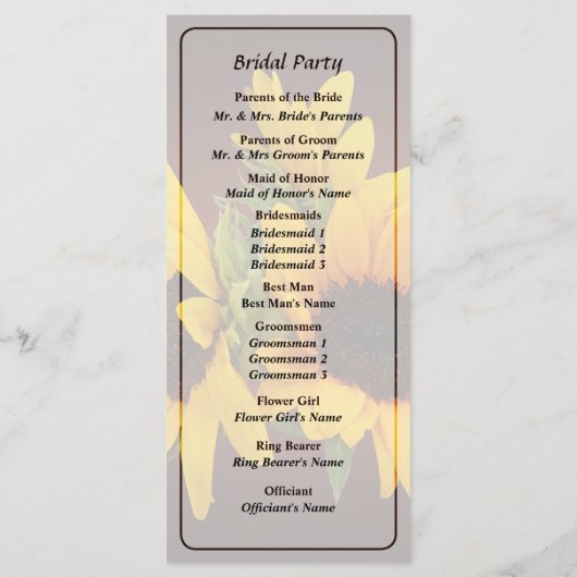 Ring van Zonnebloemen Wedding Programma Programmakaart (Achterkant)