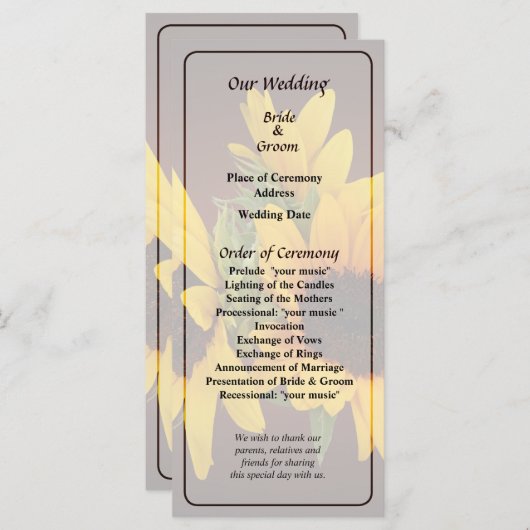 Ring van Zonnebloemen Wedding Programma Programmakaart (Voorkant / Achterkant)